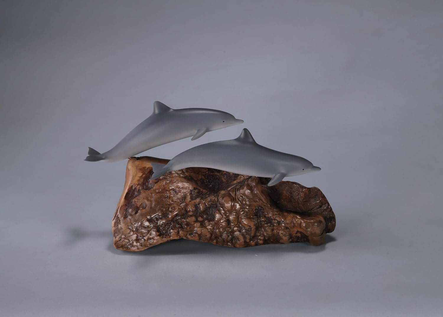 Dolphin Pair by John Perry 9 in Long Sculpture Airbrushed Figurine on Polished burlwood Base.