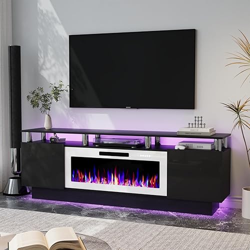 Fireplace TV Stand with White Fireplace, 70 Inch Black Fire Place TV Stands for Living Room, Modern Electric Fireplace TV Stand with Cabinets, Entertainment Center with Fireplace for TVs Up to 80"