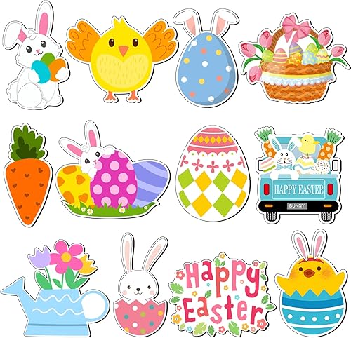 Juego de 12 imanes para refrigerador de Pascua primavera Pascua reflectantes para decoración de refrigerador huevos de gallina zanahoria coloridas