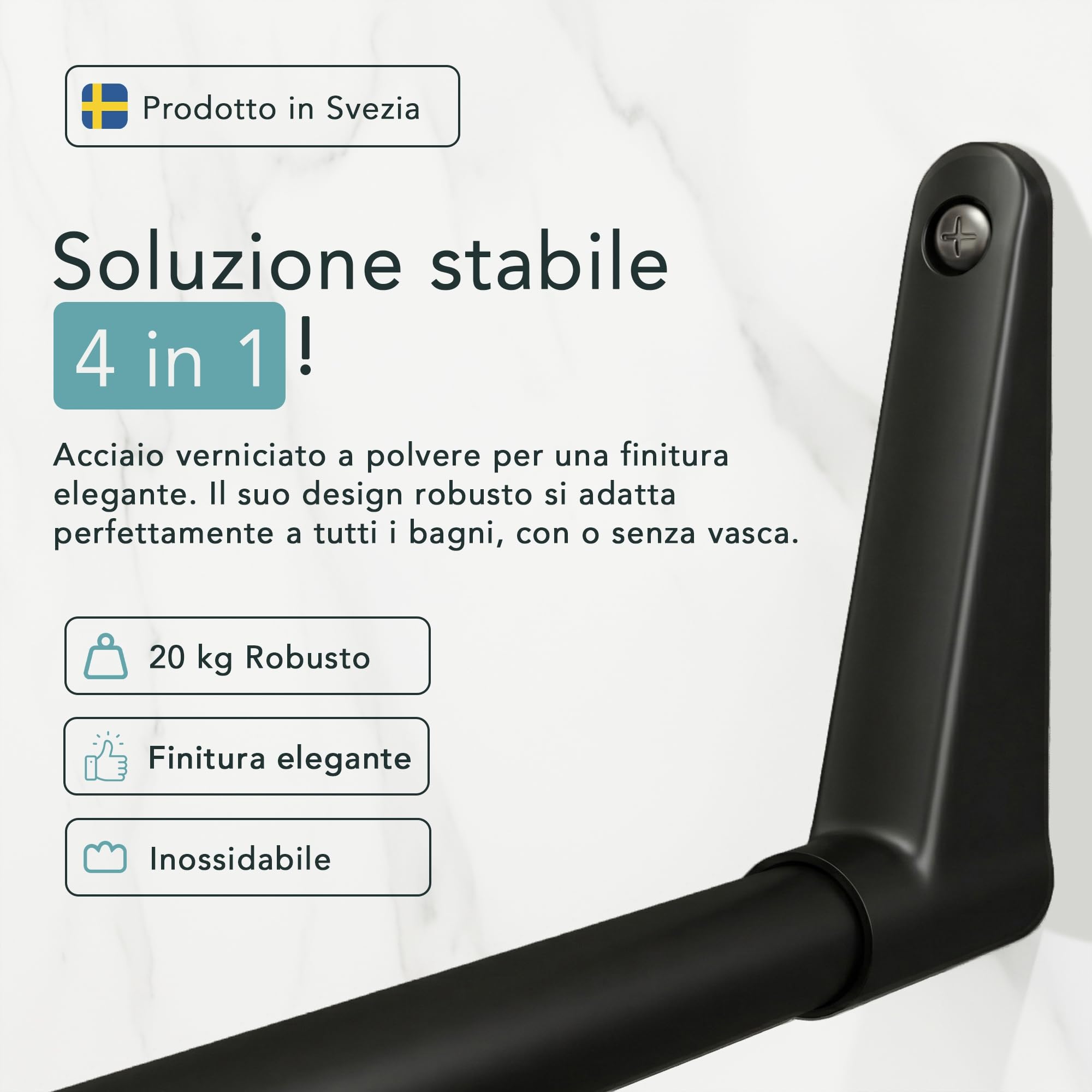 Erica Tubo Tenda Doccia a U, 70x165x70cm, Bastone per Tenda Doccia Angolare senza Supporto Soffitto, Rivestimento in Plastica senza PVC (Black)