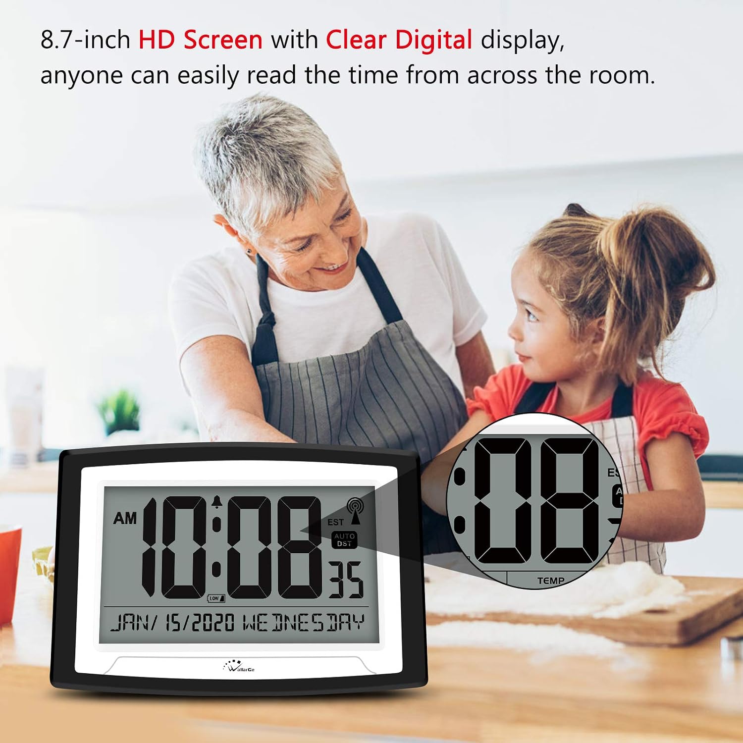 WallarGe Atomic Wall Clock with Date and Day, Batterry Operated Wall Clocks with Large Digital Display for Seniors ,Auto Daylight Saving Time, 4 Time Zone,12/24Hr.
