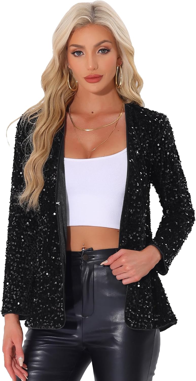 Allegra K Sequin Jacket for Women Long Sleeve Open Front Glitter Blazer Party Casual Cardigan