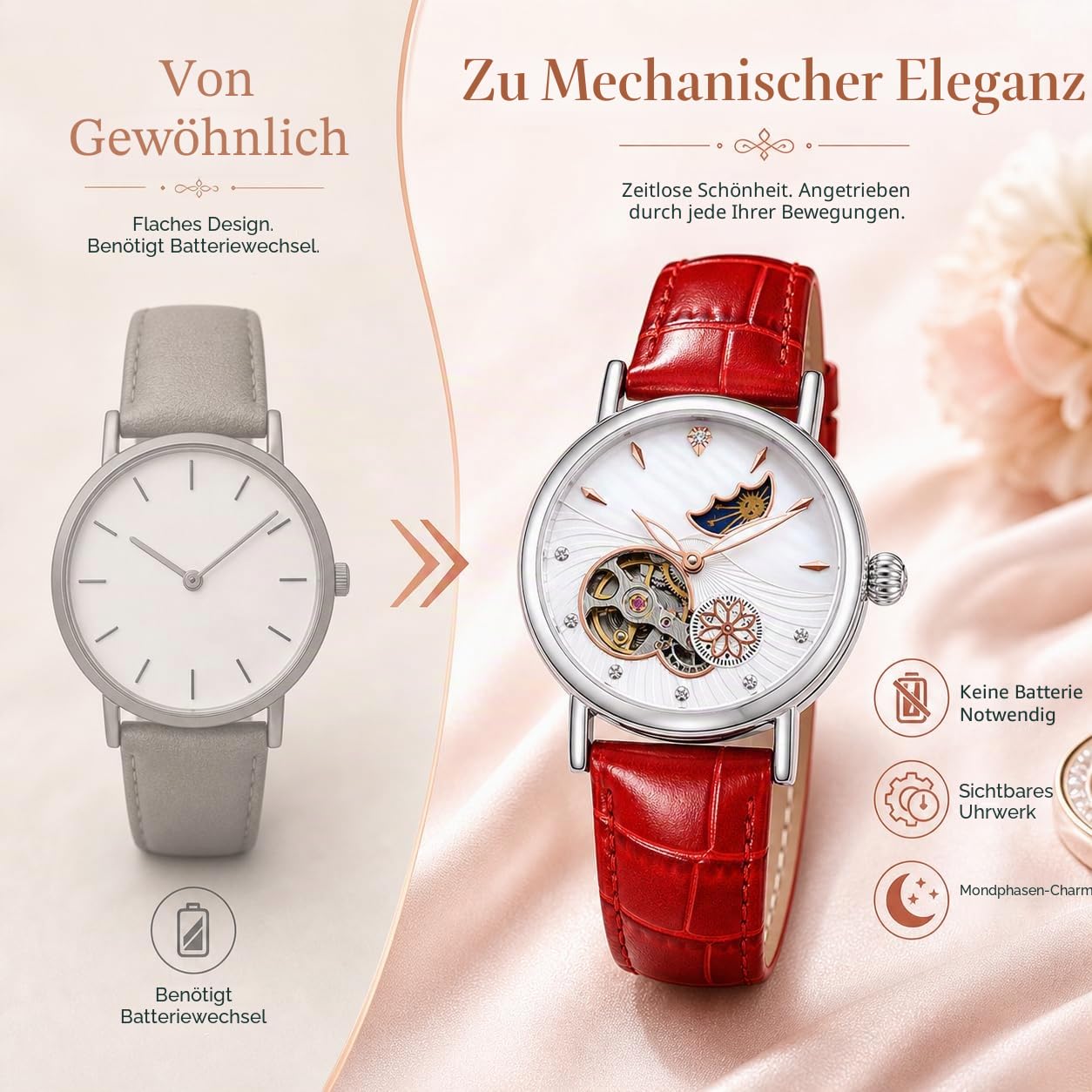 Luxuriöse automatische mechanische Damenuhren, Edelstahl, Skelett, Mondphase, Zifferblatt, selbstaufziehendes Lederband, wasserdicht, Damenarmbanduhr