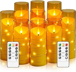 Flameless Candles with Embedded Star String, Battery Operated LED Pillar Candles with Timer and Remote Control,Home Decorating for Ambiance， Set of 9 (Gold)