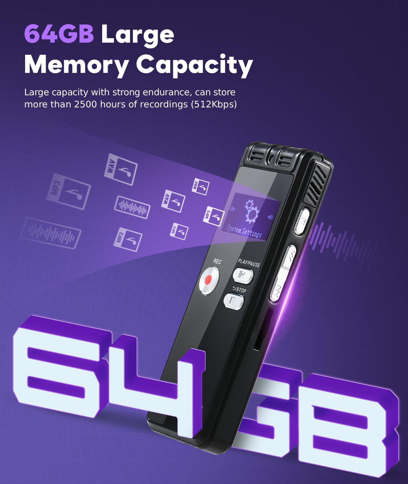 Registratore vocale digitale da 64G, 1536 kbps, interfaccia di tipo C, dispositivo di registrazione a nastro One-Touch-HD Dual MIC, per conferenze, interviste, riunioni