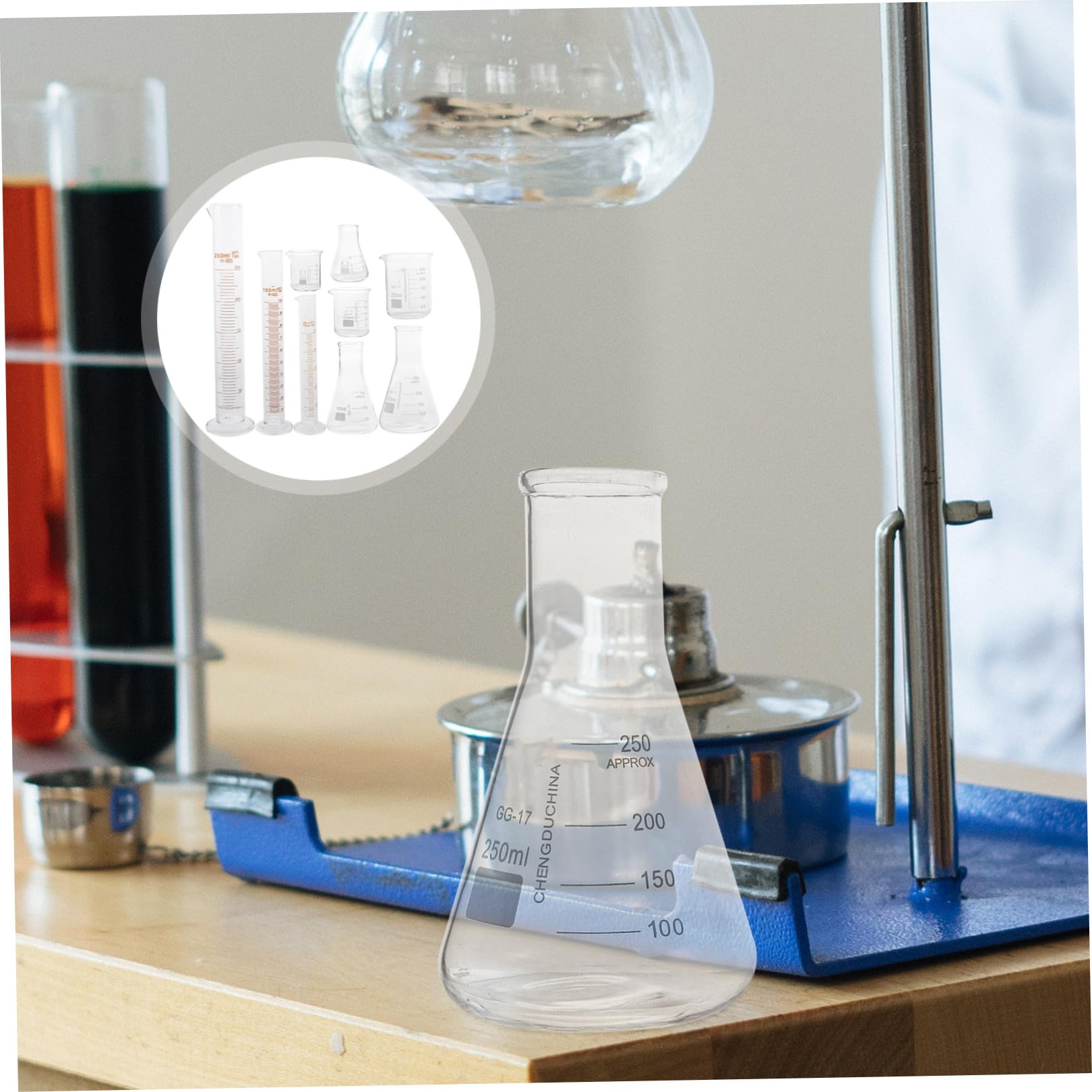 MAGICLULU Set 9 Pezzi Strumentazione Scientifica Vetro Becher Graduato Cilindro Graduato Bottiglia Conica Per Laboratorio Misurazione Chimica Scuola
