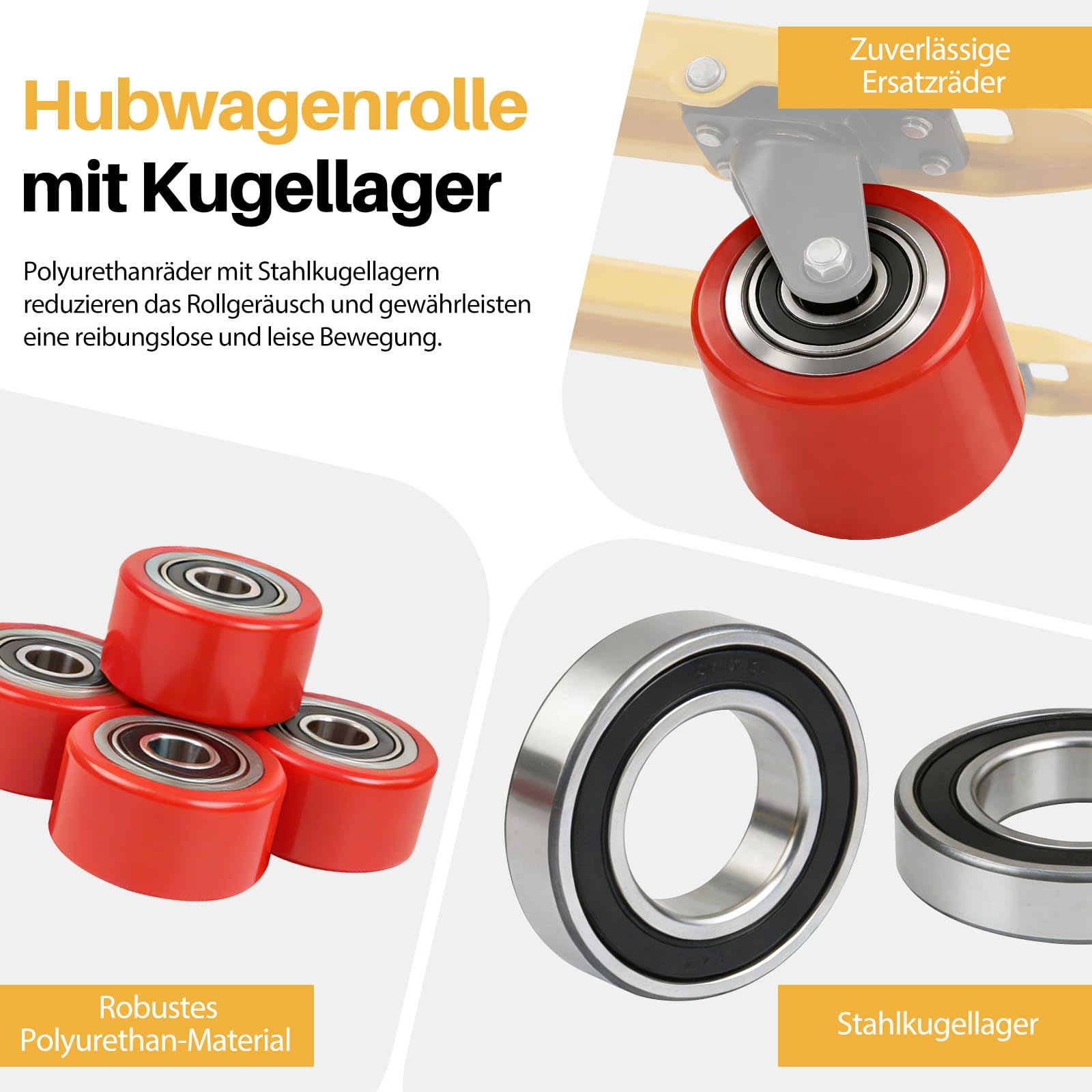 4 Stück Hubwagenrollen Polyurethan, 80 x 70mm Hubwagen Räder Gabelhubwagenrolle Lastrolle für Hubwagen Ersatzrolle, Achse 20 mm (4 Stück 80x70mm (Polyurethan))