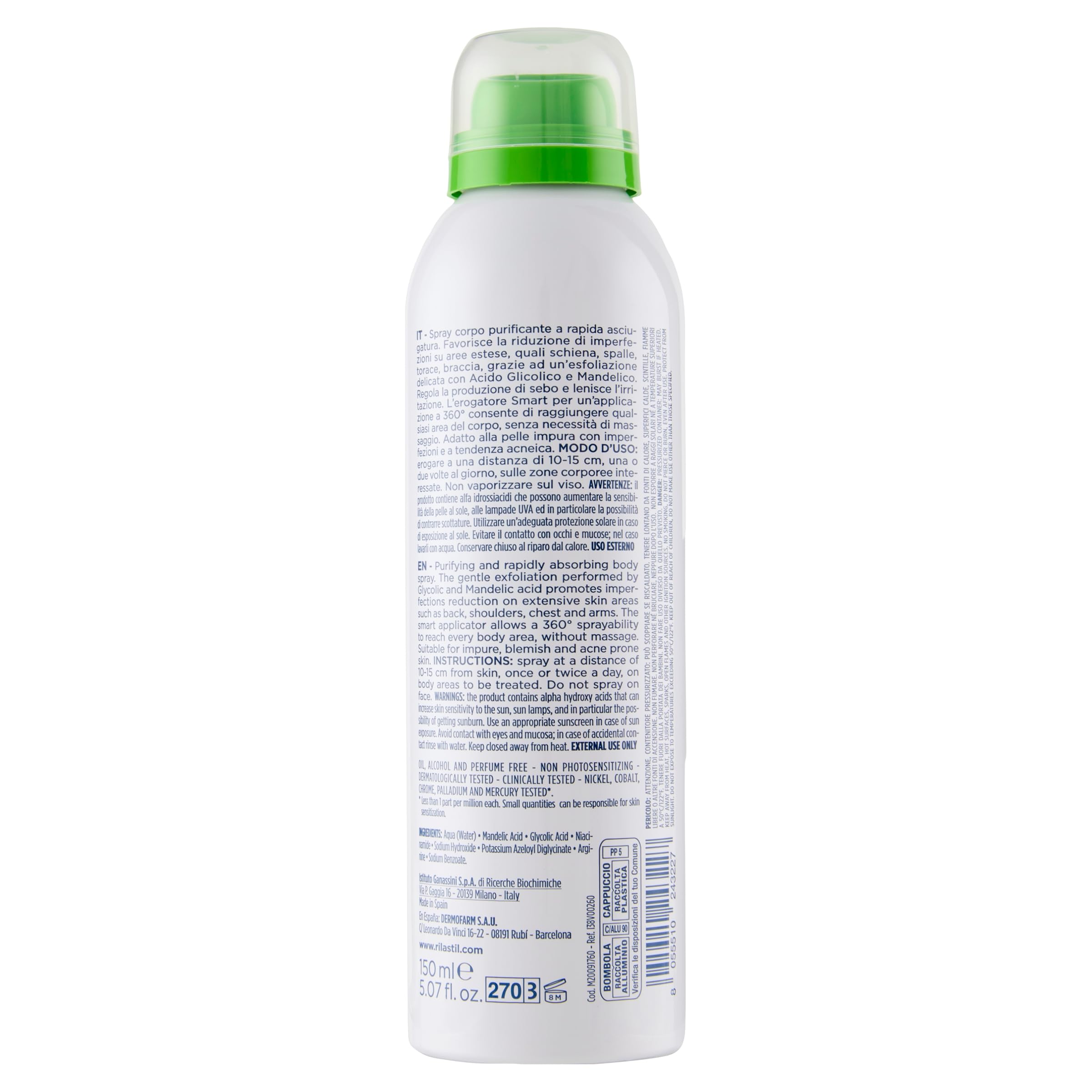 Rilastil Acnestil Spray Corpo Purificante e Anti-imperfezioni, Sebonormalizzante, Lenitivo con Niacinamide, Acido Glicolico e Acido Mandelico, 150 ml