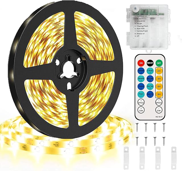 CCILAND 16.4ft/5m Battery Strip Lights 150 LEDs Warm White Tape Lights Strip with Remote, 8 Modes, Timer, Dimmable, Waterproof, Self-Adhesive LED Lights for Dorm Bedroom Cabinet BarWarm White