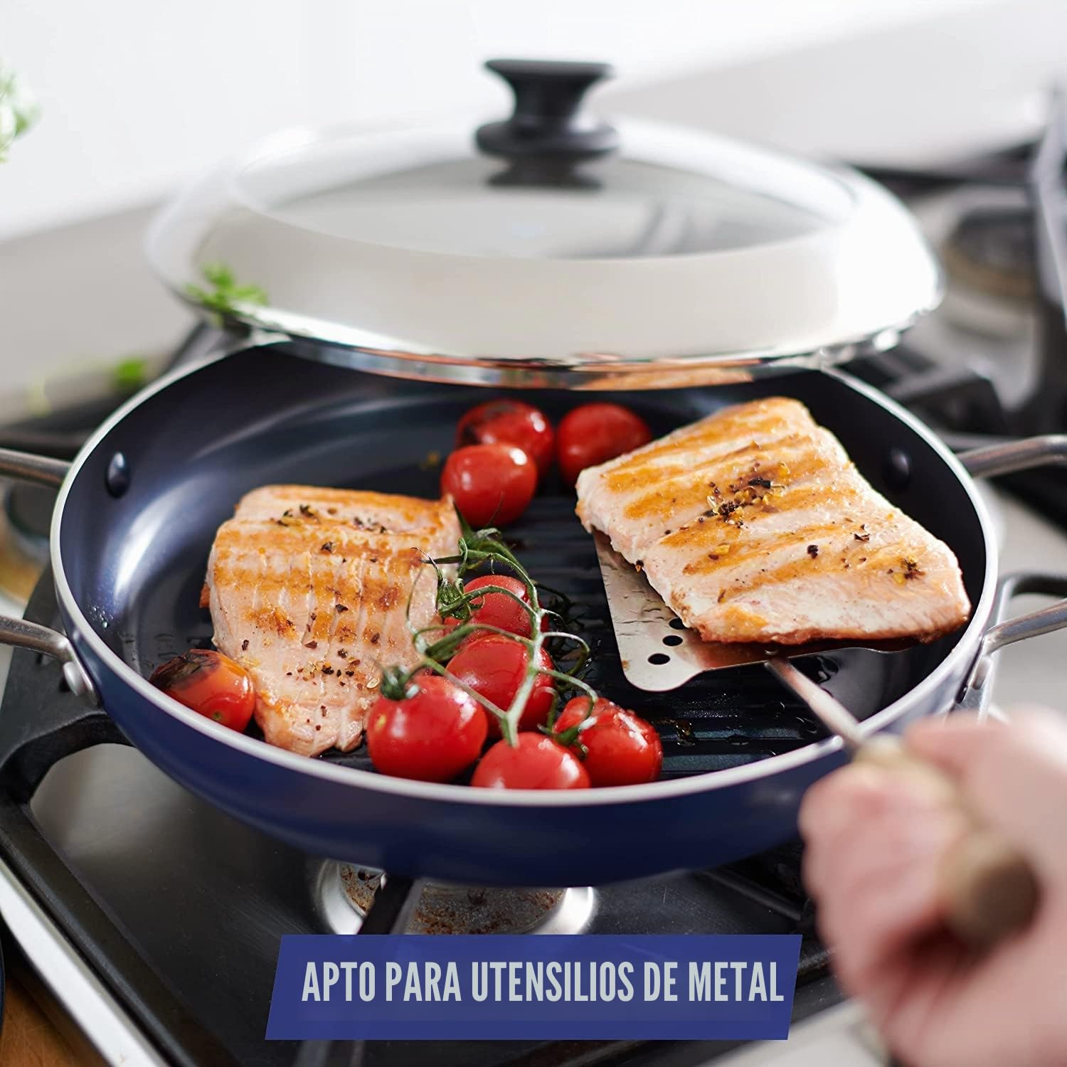 Blue Diamond Cookware Sartén Grill Cerámica Antiadherente Infusionada con Diamante de 28 cm con Tapa de Cristal, Sin PFAS, Para Asar, Barbacoa, Apta para Horno, Azul