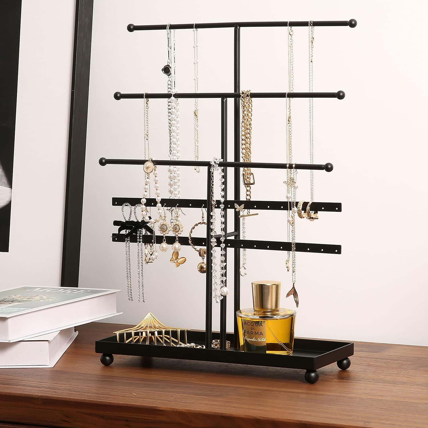 MyGift 5 T-Bar Modern Black Metal Jewelry Organizer for Bracelets, Necklaces and Earrings with Ring Tray: Home & Kitchen