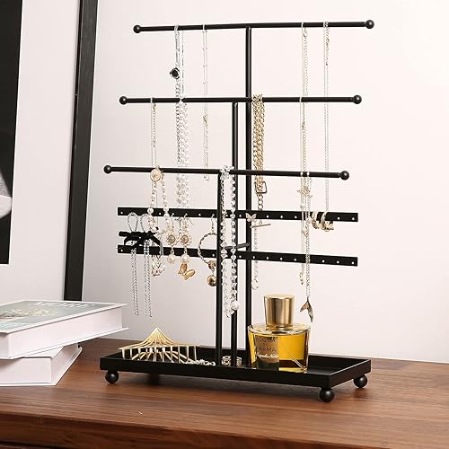 Miniatura 3 de MyGift Moderno soporte organizador de joyas de metal de 3 niveles, exhibición de almacenamiento de joyas negro mate con bandeja para anillos, 18