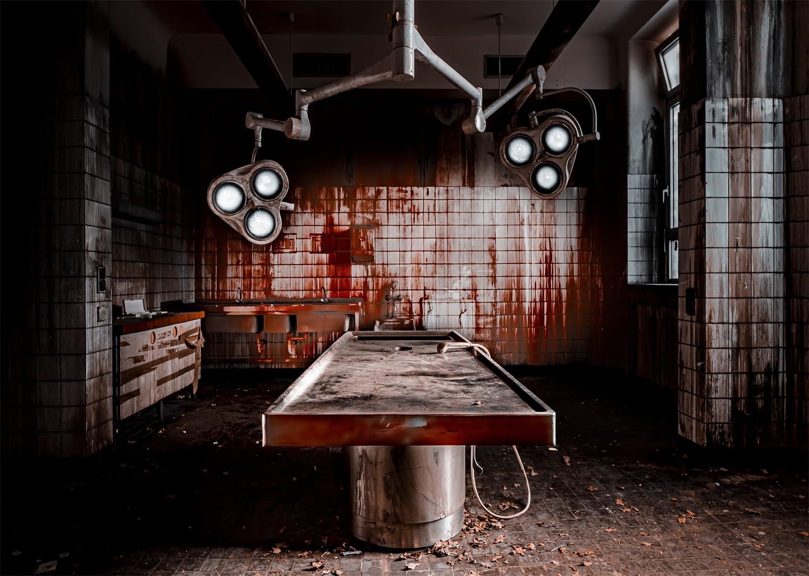 BELECO 4.6x3m Stoff Horror Halloween Krankenhaus Hintergrund Verlassenes Krankenhaus Pathologie Blutige Wand Spukende Leichenhalle Irrenanstalt Halloween Party Deko Banner Requisiten