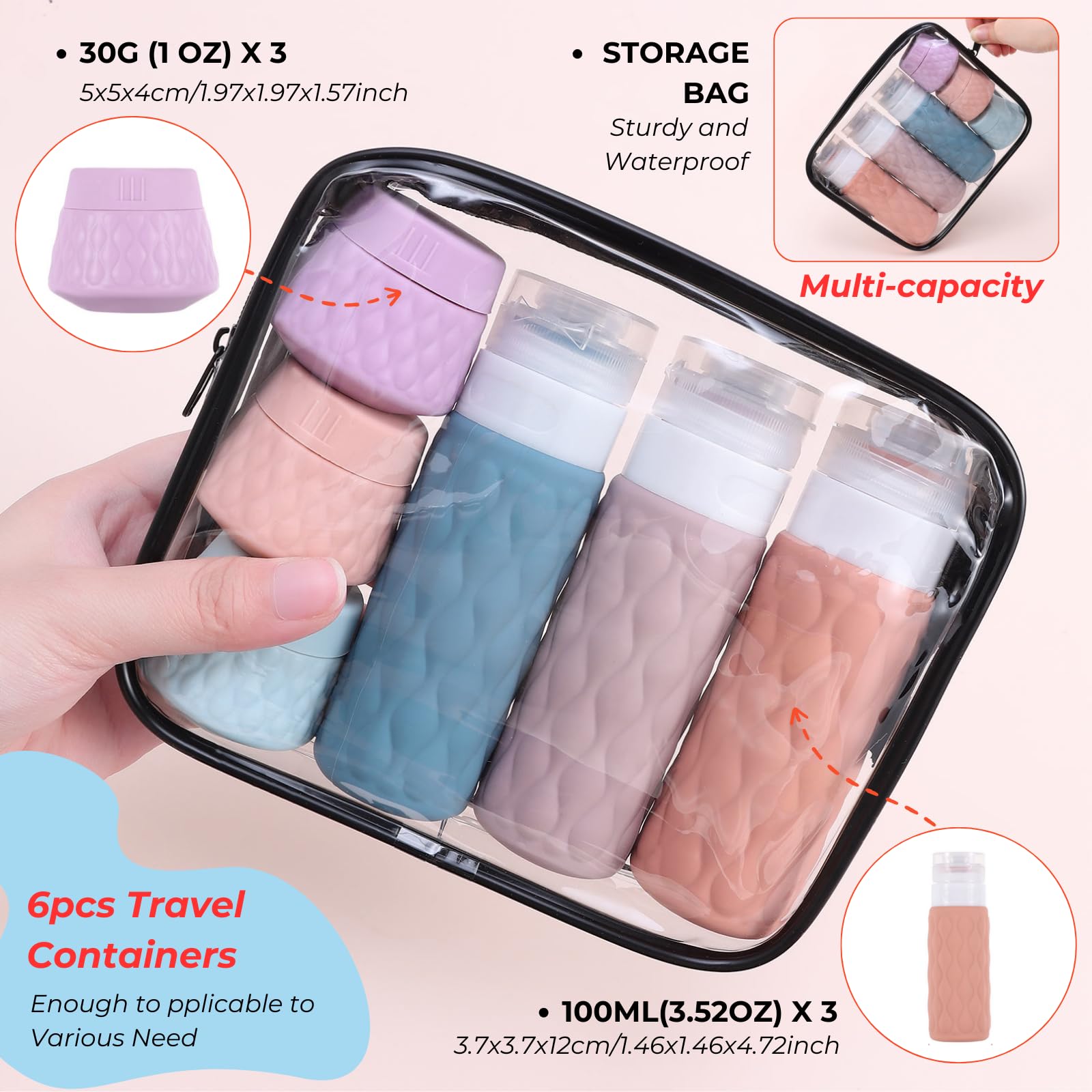 WUZIA 11pcs Travel Silicone Makeup Containers Set, Refillable 100ml Leakproof Squeezable Lotion Bottles & 30g Cream Jars - Image 4