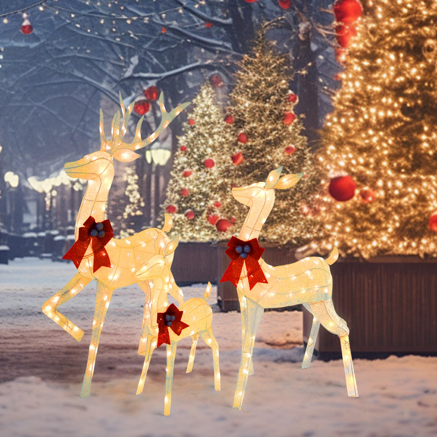 5 FT Outdoor Christmas Deer Decor 3-Piece Set | Large Reindeer Family (Buck/Doe/Fawn) with 210 Warm White LEDs, Cotton Twine & Iron, Holiday Lights for Yard, Party, White