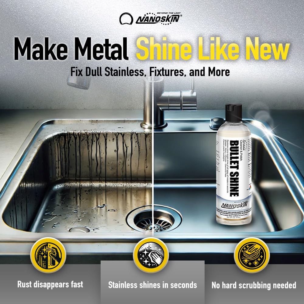 Nanoskin BULLET SHINE 16 Oz All Metal Polish & Cleaner – Restores Shine on Stainless Steel, Aluminum, Chrome, Brass, Copper, Silver, Gold & Plastic | Removes Oxidation, Tarnish & Minor Scratches Fast