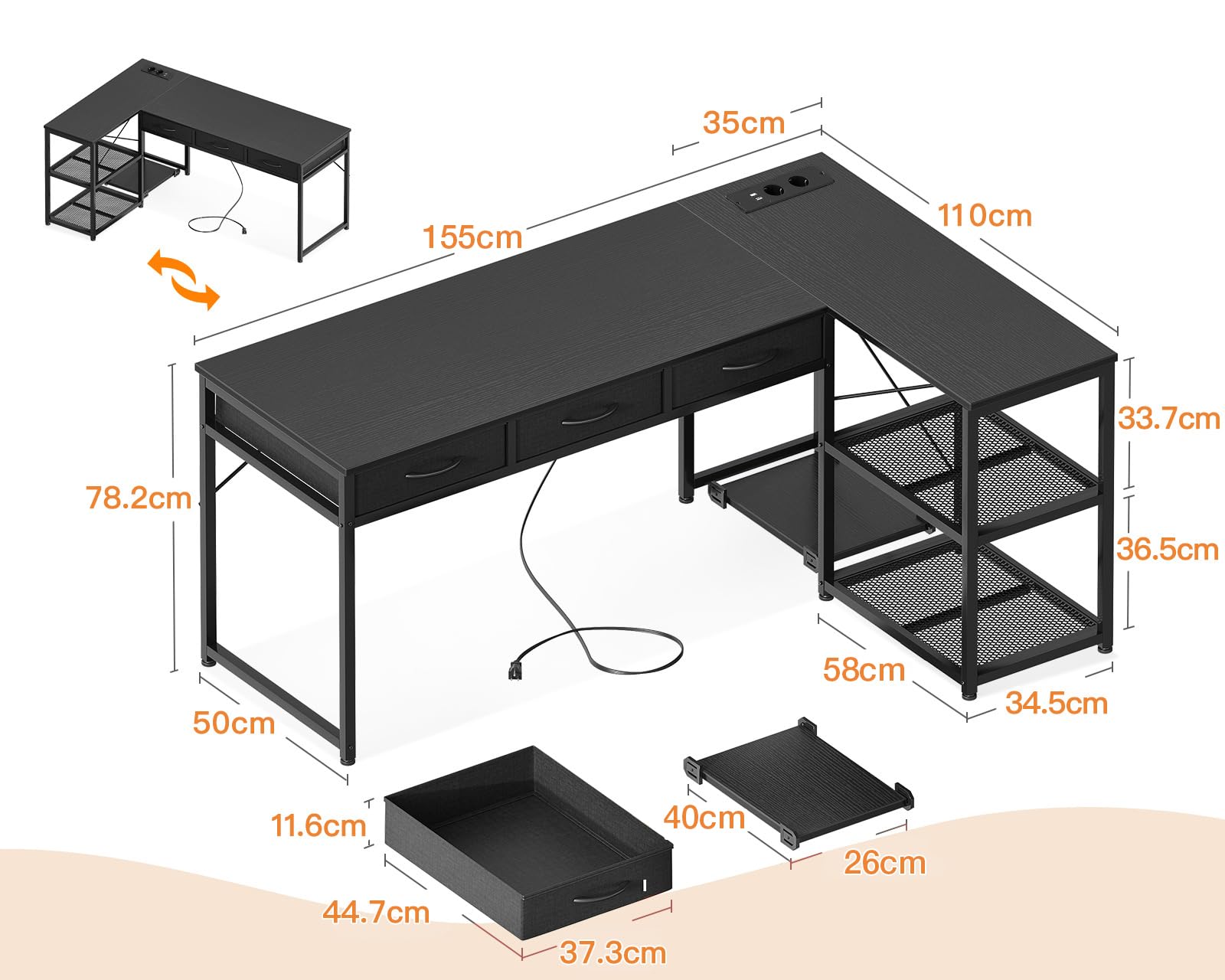 ODK Narożne biurko z USB i szufladami (czarne, 155 x 110 cm)