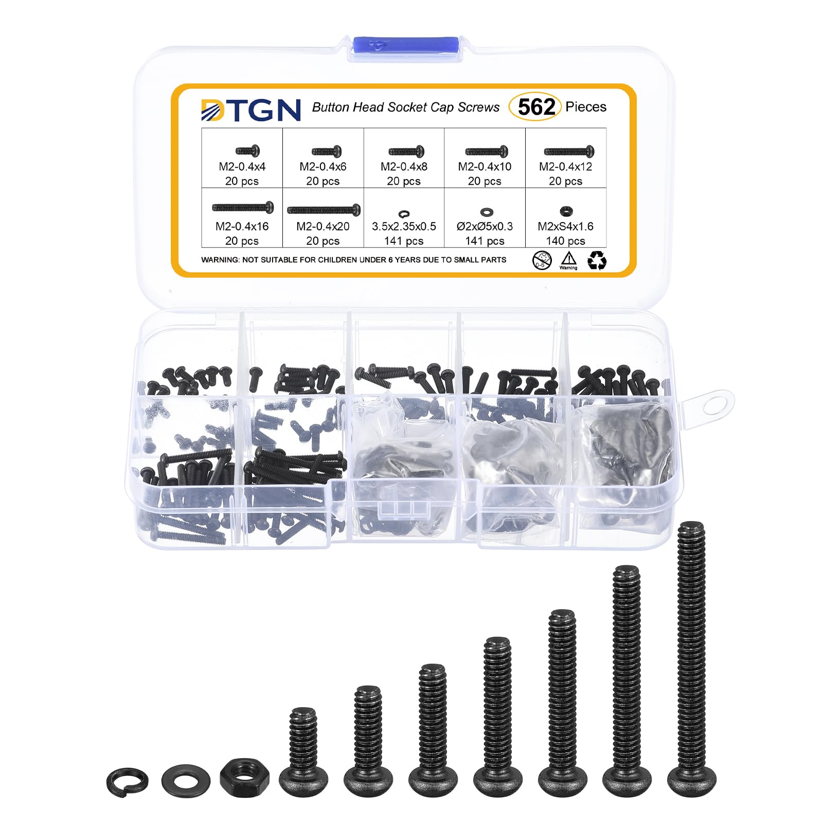 DTGN 562Pcs M2-0.4x4/6/8/10/12/16/20mm Button Head Socket Cap Screws, Carbon Steel Bolt Nut Set Washer Assortment Kit