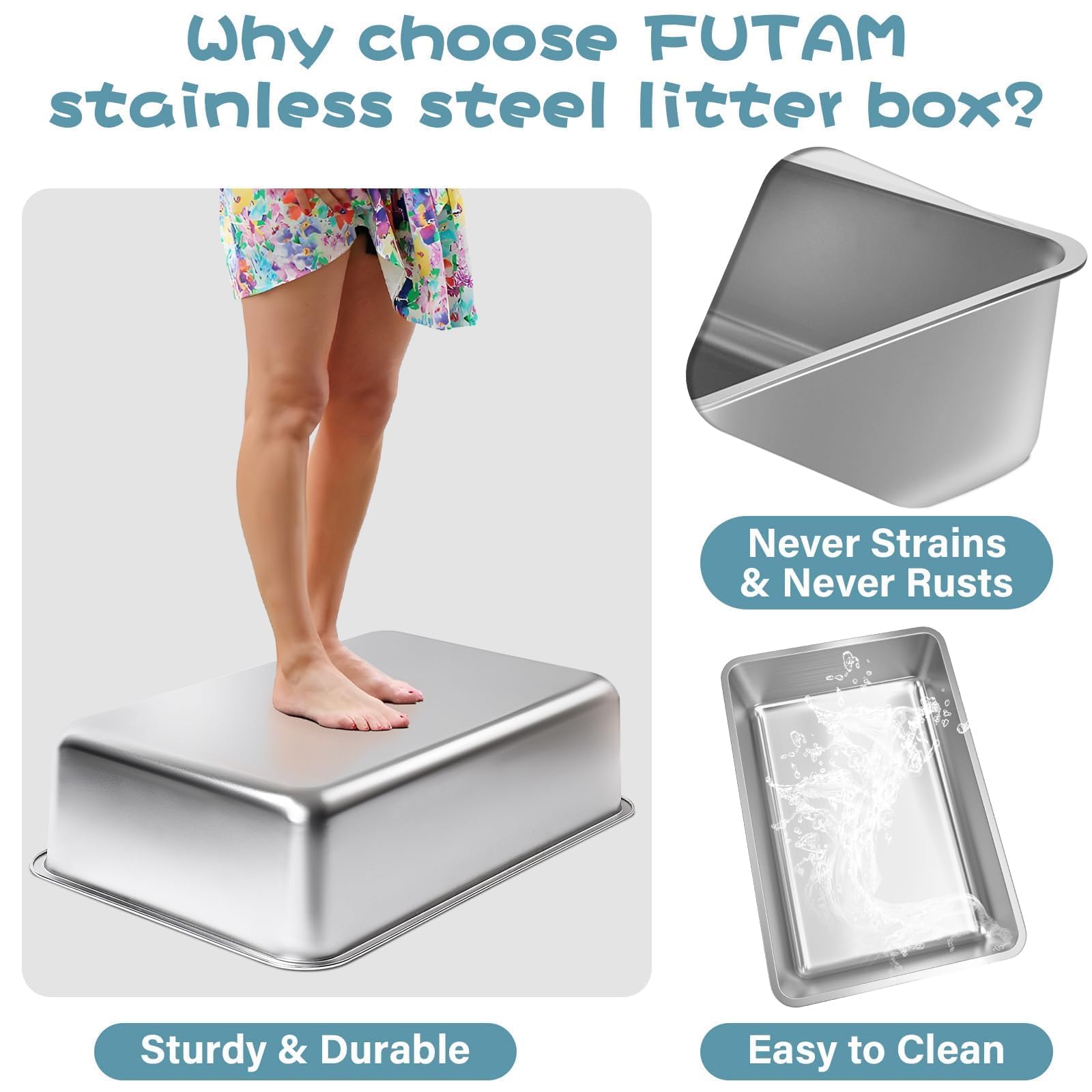 Stainless Steel Litter Box, Large Metal Cat Litter Box for Small to Medium Cats, High Sides, 18"x14"x6"，Non Stick, No Smell, Easy to Clean - image 3