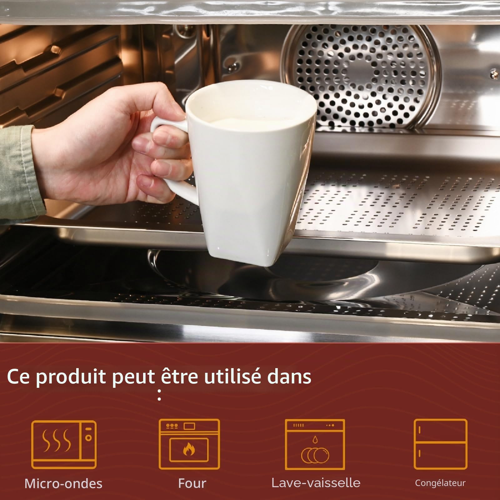 WishDeco Lot de 6 Tasses à Café, Mugs Blancs en Céramique 400 ml | Tasses à thé avec Anse, Grandes Tasse pour Lait, Jus de Fruit, Chocolat Chaud, Cappucino, Café latte, Fond Carré
