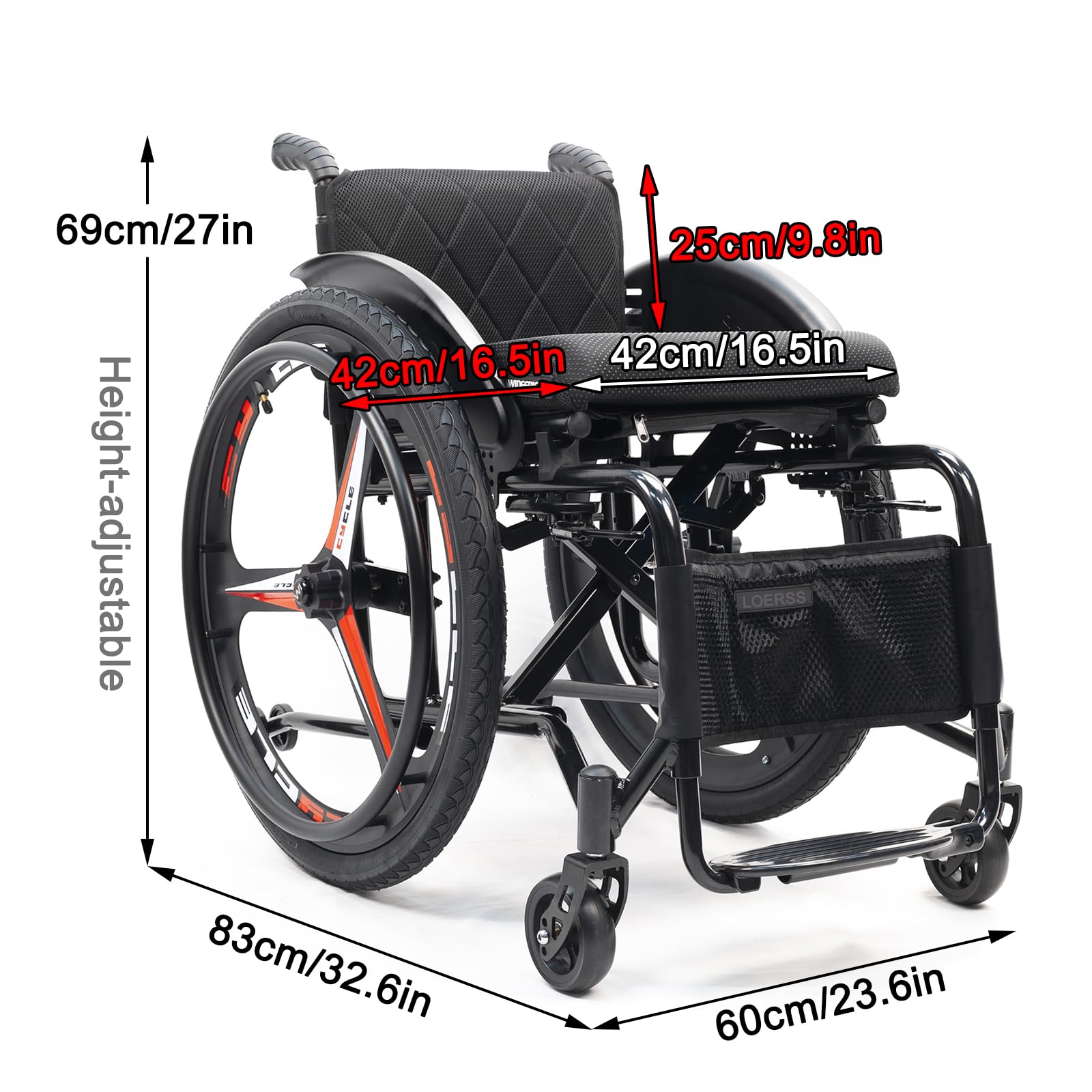 Silla de ruedas deportivas ultra ligera portátil para todo el terreno,Silla de ruedas manual de aleación de aluminio autopropulsada plegable,Sillas de ruedas de transporte con anti-basculante(Size:42c