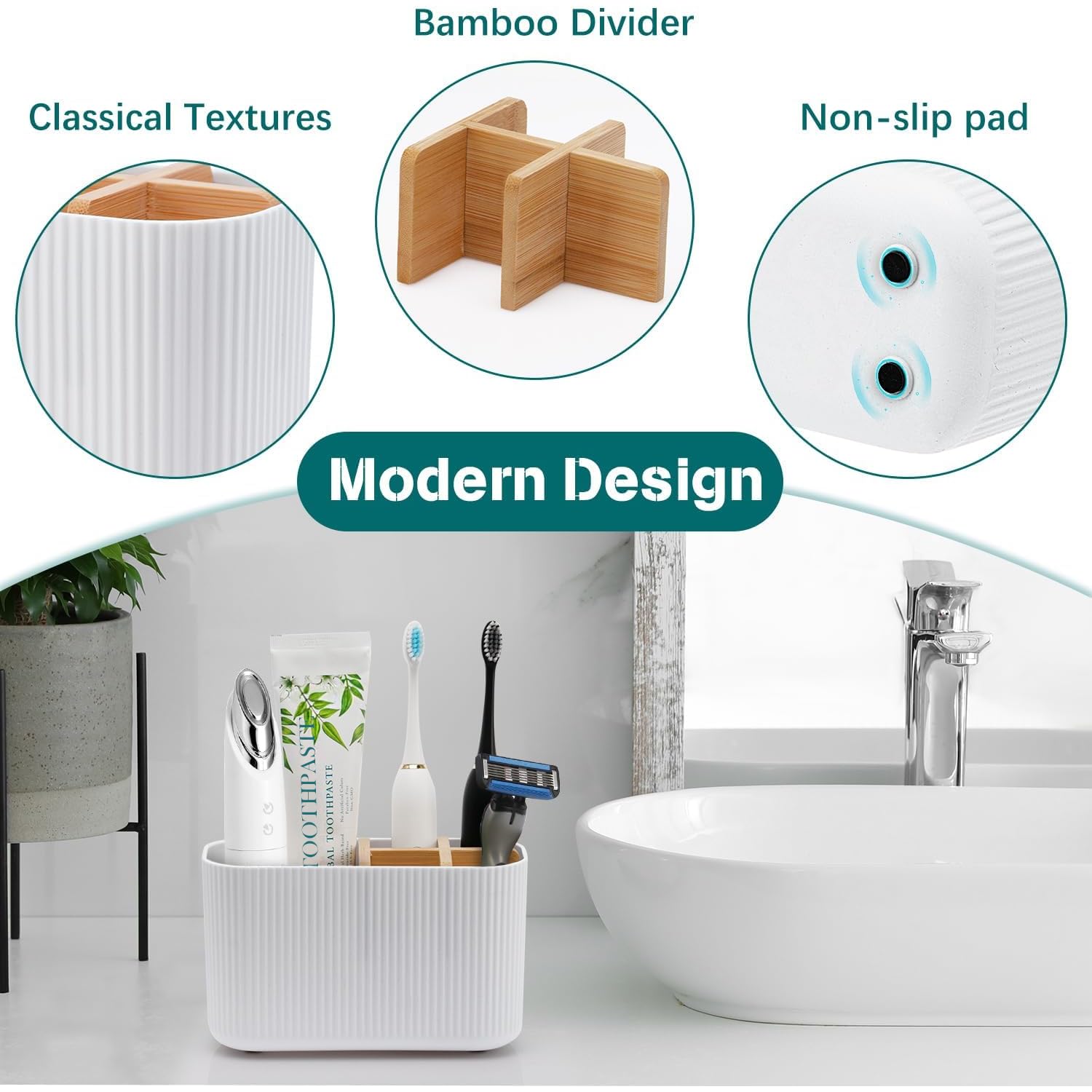 GFWARE Soporte blanco para cepillos de dientes – Soporte de bambú para cepillos de dientes para baños, organizador de cepillo de dientes eléctrico, soportes para cepillos de dientes para niños, para