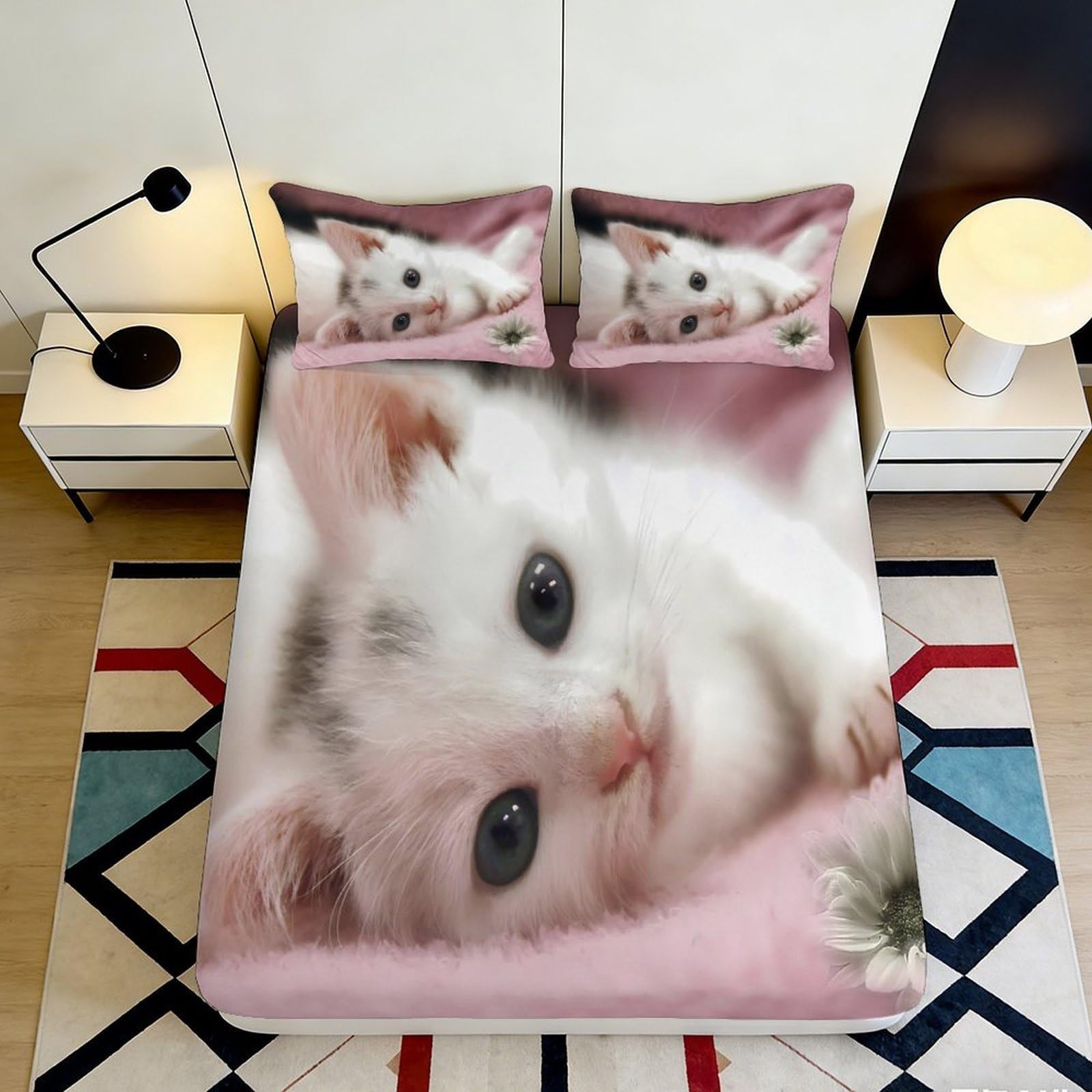 3D Printed Cute Kitten Fitted Sheet Microfiber Soft Pink Cat Pattern Mattress Cover for Bedroom Dorm Decor 140x200x25cm