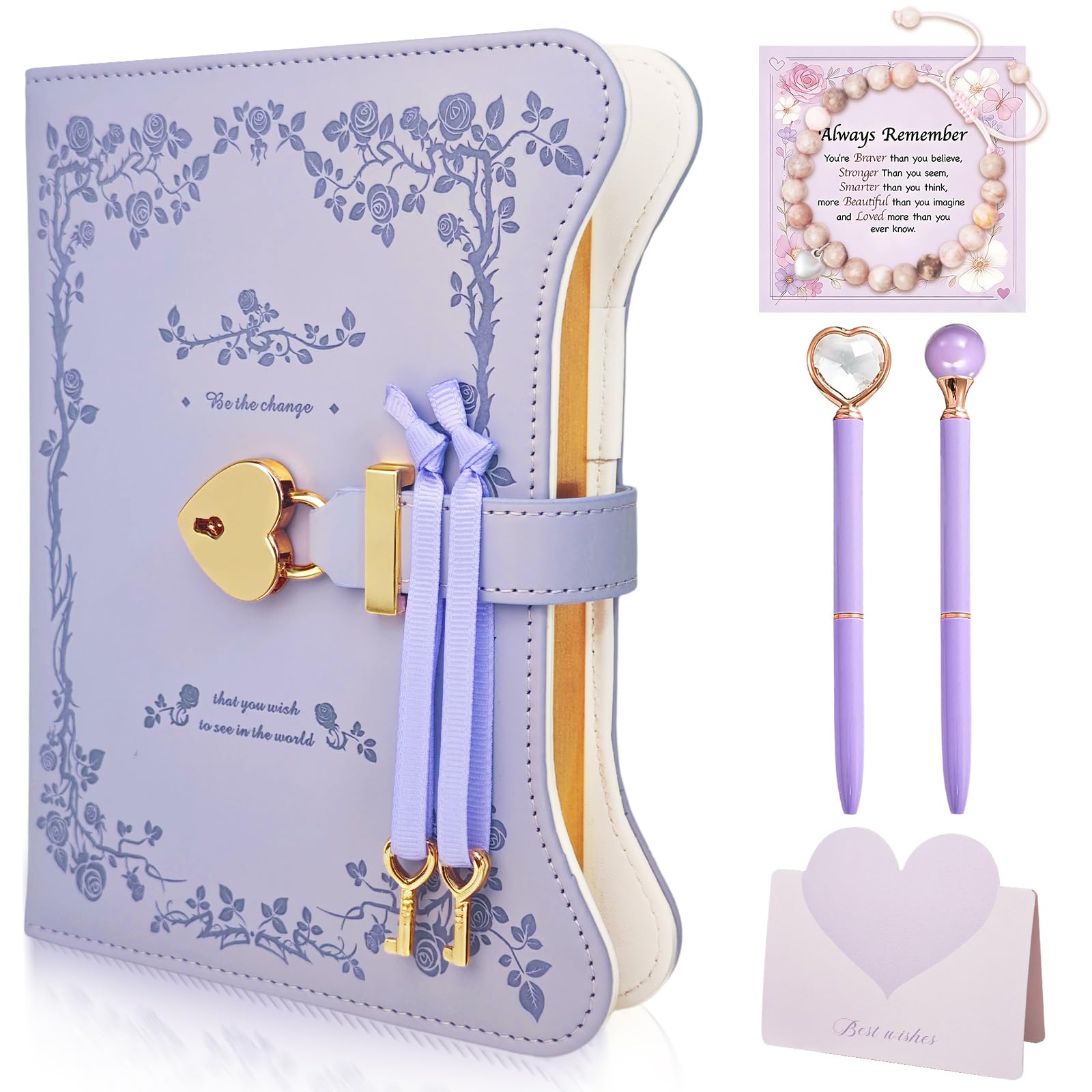 Hokoad 5pcs/Set Diary with Lock for Girls Women, 360 Pages Journal Notebook with Lock and Keys, Bracelet, Pen, A5 Pu Leather Secret Diary for Girls Ages 8-14, Back to School Birthday Gifts (Purple)