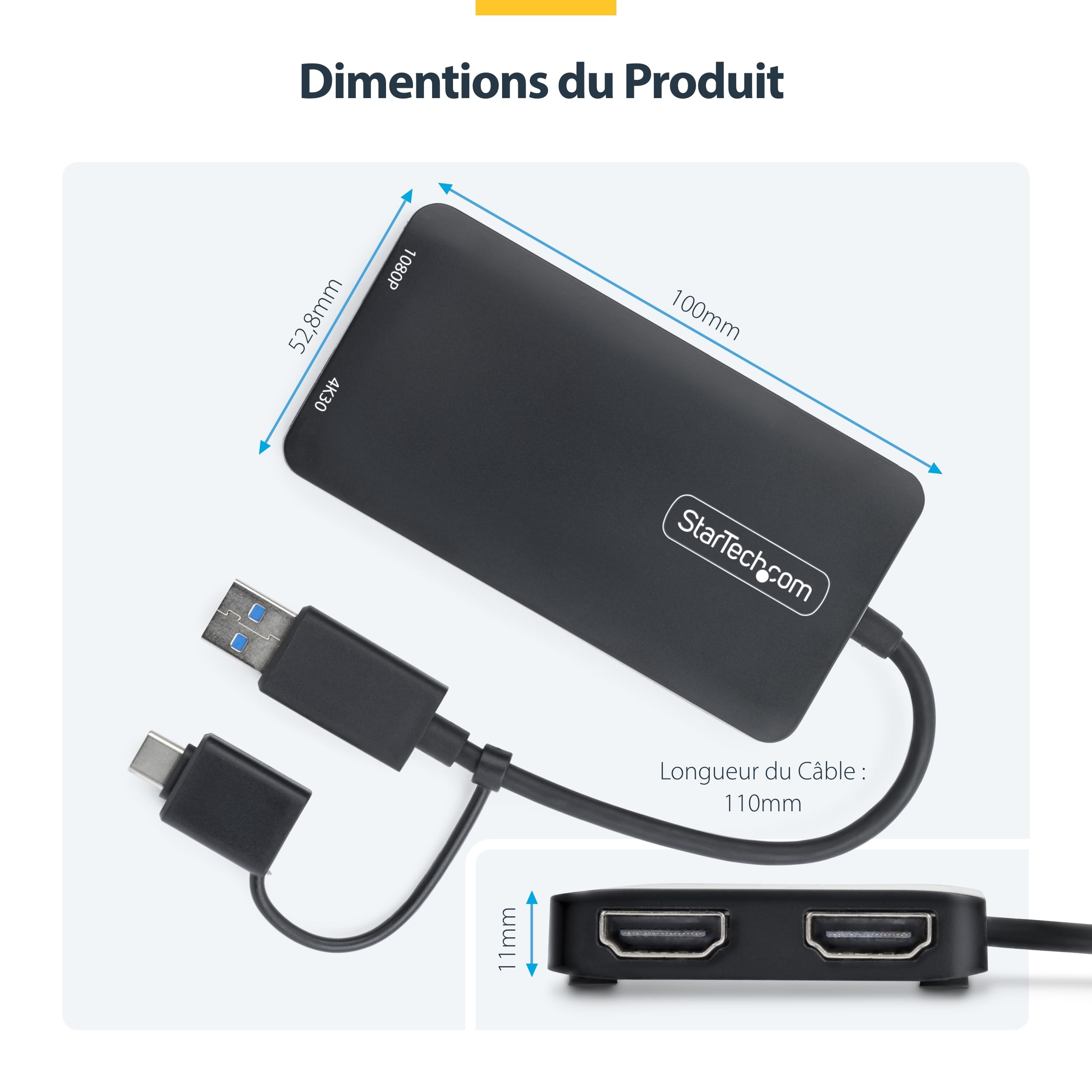 StarTech USB-A et USB-C vers Double HDMI 4K30 + 1080p, Mac Windows ChromeOS | Mac M1/M2/M3/M4/M5, Double écran étendu, Câble de 11cm, Alimentation par bus USB