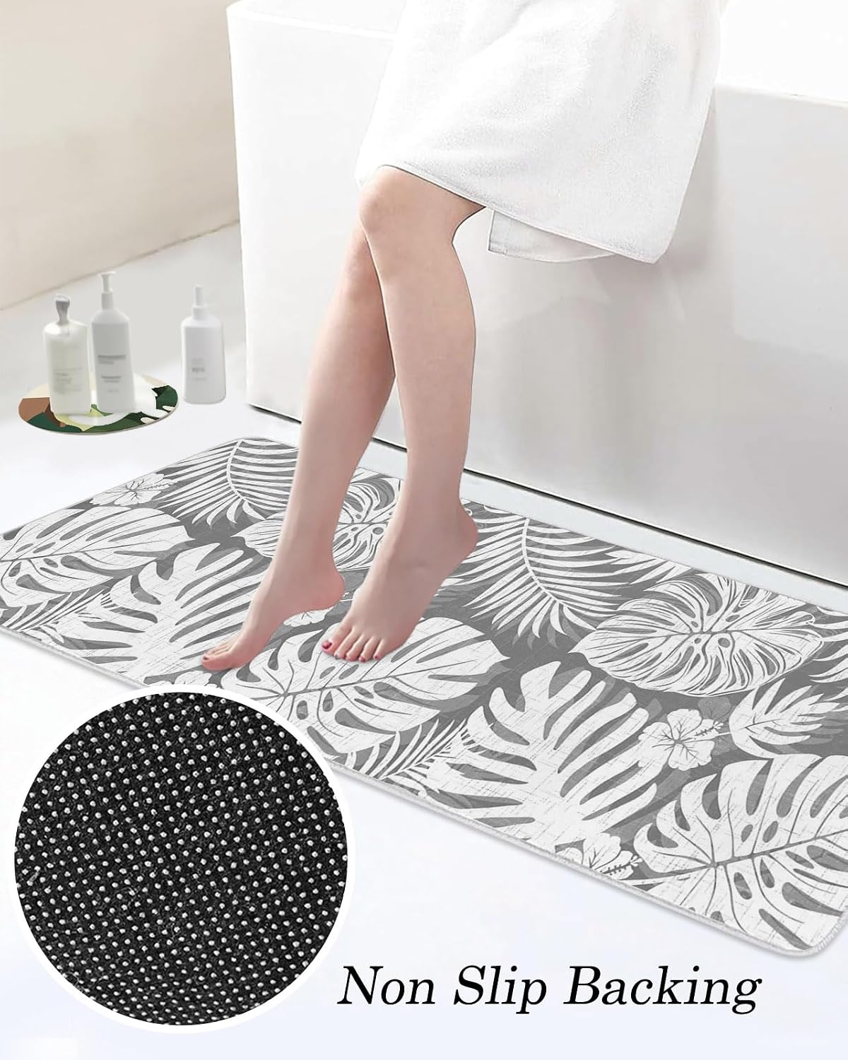 Grey Palm Leaves Kitchen Mats Set of 2 Tropical Botanical Modern Minimalist Non Slip Mat Washable Floor Rug for Kitchen Sink Floor Laundry, 15.7"x23.6"+15.7"x47.2"