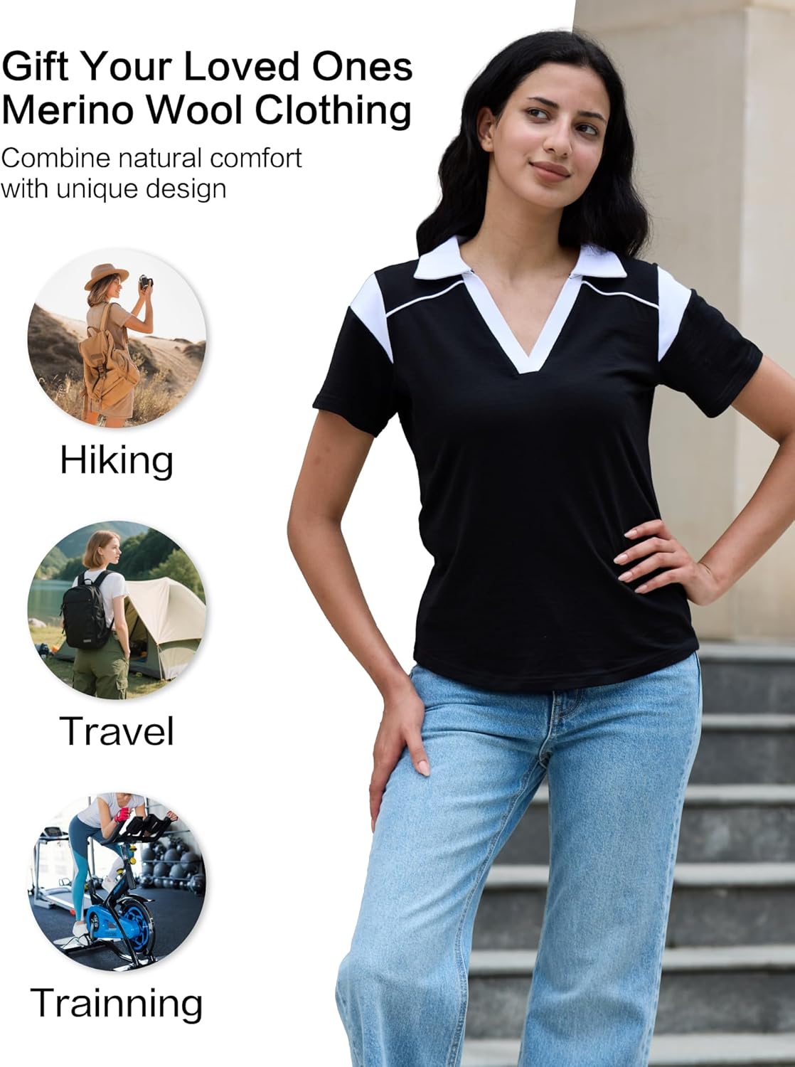 Merino Wool V Neck Polo Shirts for Women for Tennis, Breathable Moisture Wicking Womens Golf Shirt Short Sleeve