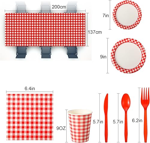 Miniatura 2 de 162 piezas de suministros de fiesta rojos y blancos para 20 invitados, 2 manteles a cuadros rojos con vajilla, suministros de fiesta de cuadros