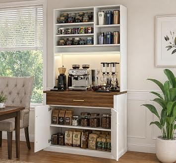 MemOffice Coffee Bar Cabinet with Storage, Tall Coffee Bar Cabinet with Hutch and Cabinet Doors, Farmhouse Coffee Station Cabinet for Living Room and Dining Room, White, 41.7" W x 15.8" D x 78.8" H