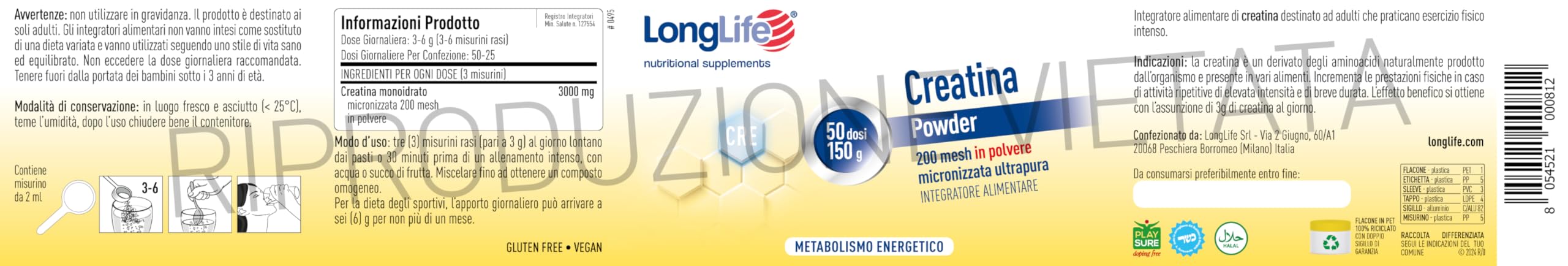 LongLife® Creatina Powder | Creatina monoidrato micronizzata ultrapura | Energia e forza muscolare | Performance fisica e sportiva | 50 dosi | Vegano e senza glutine