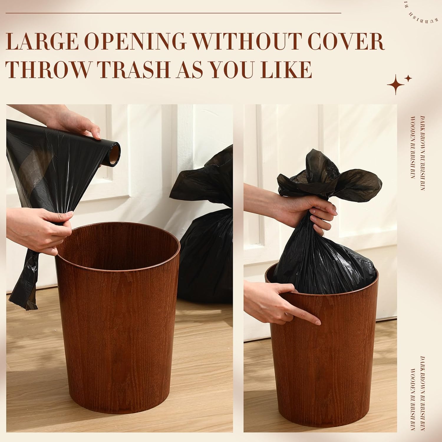 2 Pack 2.3 Gallons Wood Trash Can Wastebasket Natural Wood Round Wastebasket Small Trash Bin for Home, Office Under Desk, Kitchen, Bedroom, Hotel, Room(Dark Brown,Flat)
