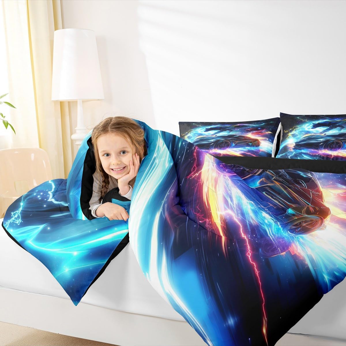 Kids Boys Sports Comforter Set - Black Blue Wolf Race Car Comforter for Kids Teens Room Decor - Lightning Extreme Sports Game Theme Bedding Set - Cool Speed Luxury Cars Quilt Set-All Season,Full Size