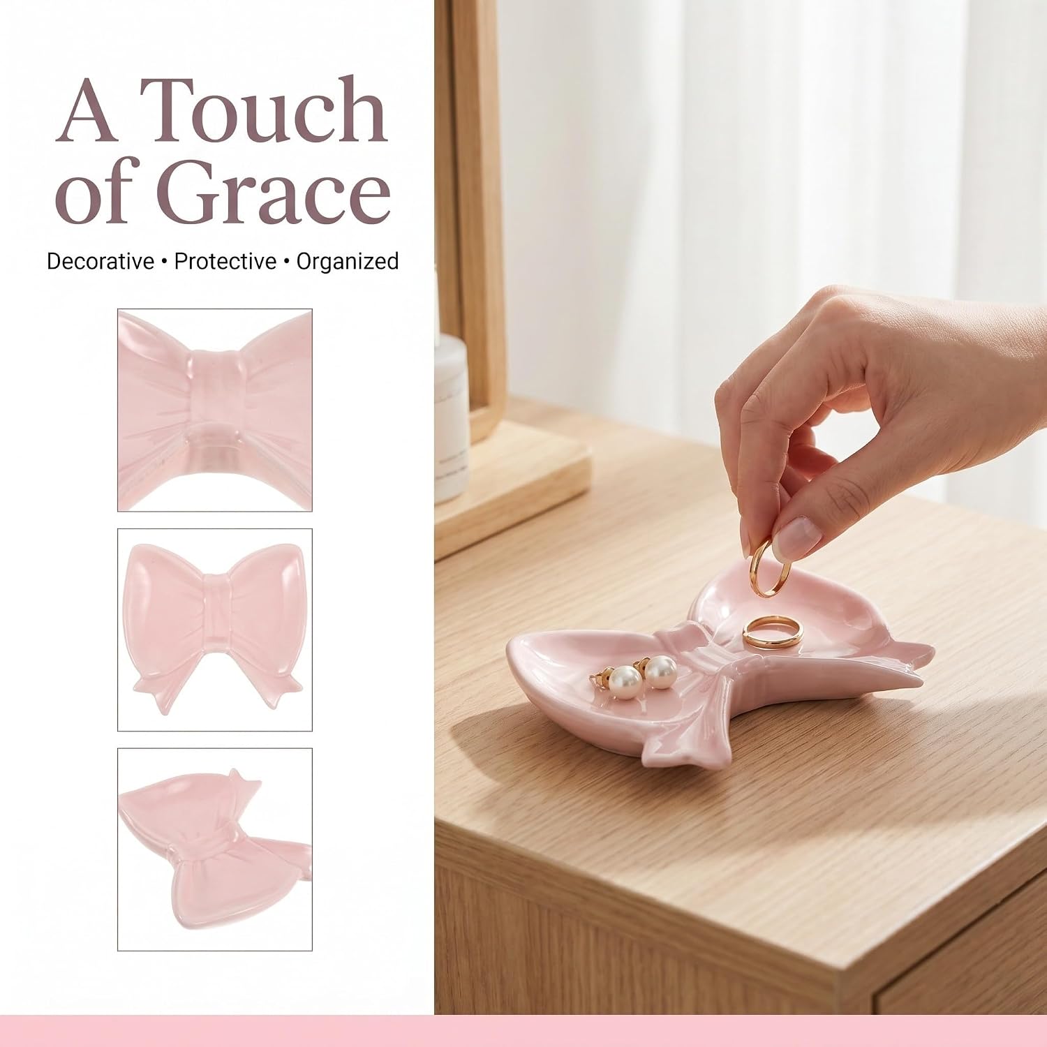 Pink Ceramic Bow Jewelry Dish Tray for Rings and Earrings image 3