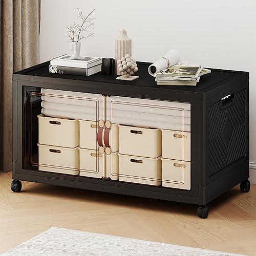 Stackable Storage Bins with Lids, Clear Doors, 272QT Large Storage Bins Foldable Storage Cabinet Collapsible Closet Organizers for Bedroom Dorm Office