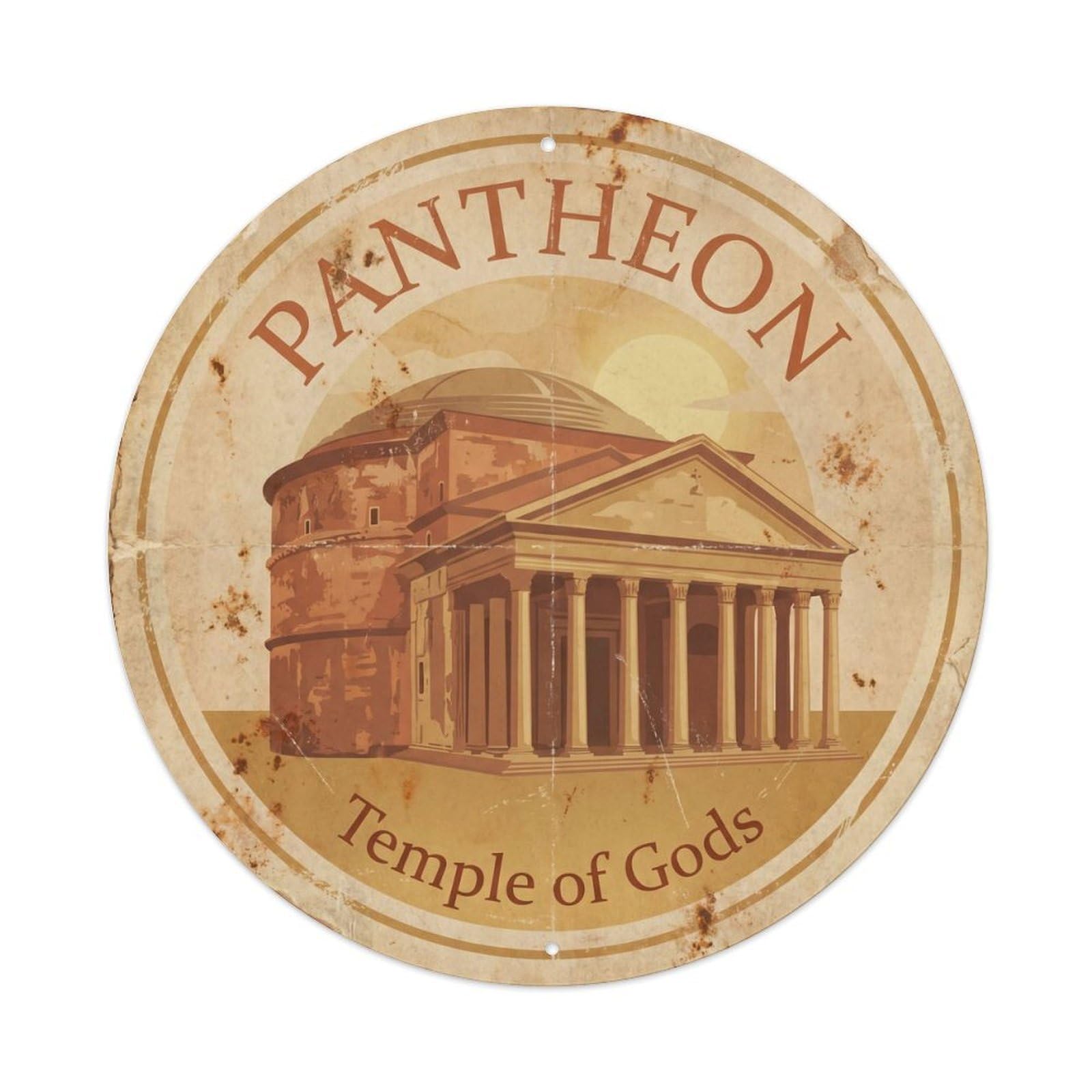 Vintage Travel Pantheon Rome Ancient Metal Tin Sign Plaque Wall Decor for Cafe, Club, Garden Round Metal Poster 8x8Inch