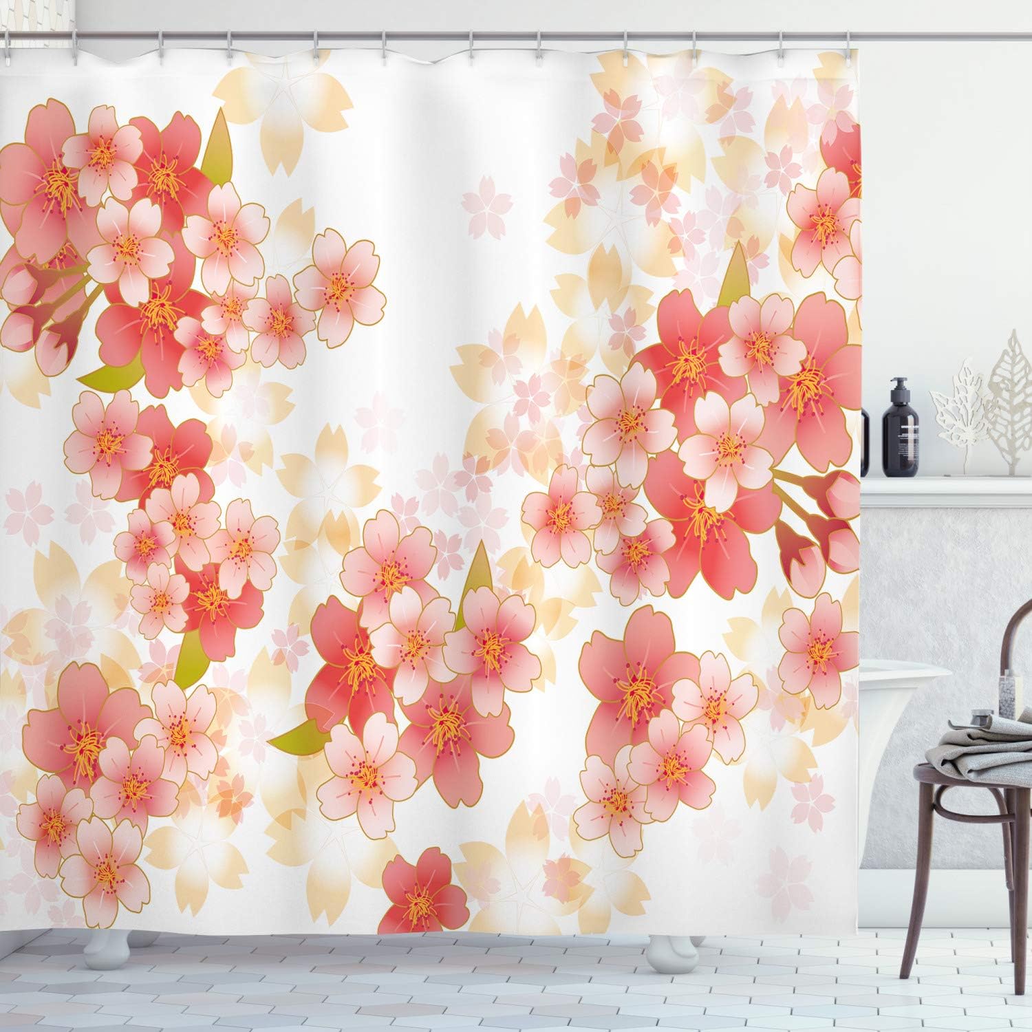 Ambesonne Floral Shower Curtain, Japanese Sakura Flowers Cherry Blossoms in Vibrant Colors Illustration, Cloth Fabric Bathroom Decor Set with Hooks, 69" W x 70" L, Coral Dark Coral Yellow