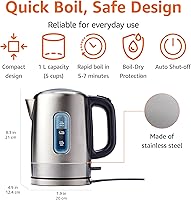 Vista 2 de Yaxa Basics Hervidor eléctrico de acero inoxidable para té y café, sin BPA, de ebullición rápida, apagado automático, 1 litro, 1500 W, negro