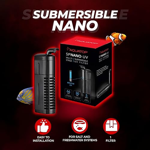 Miniatura 5 de Aquatop Filtro nano sumergible de 5 W, para 10-30 galones, caudal de 66 GPH, para agua cristalina, ideal para uso en agua dulce y salada, SPNANO-UV