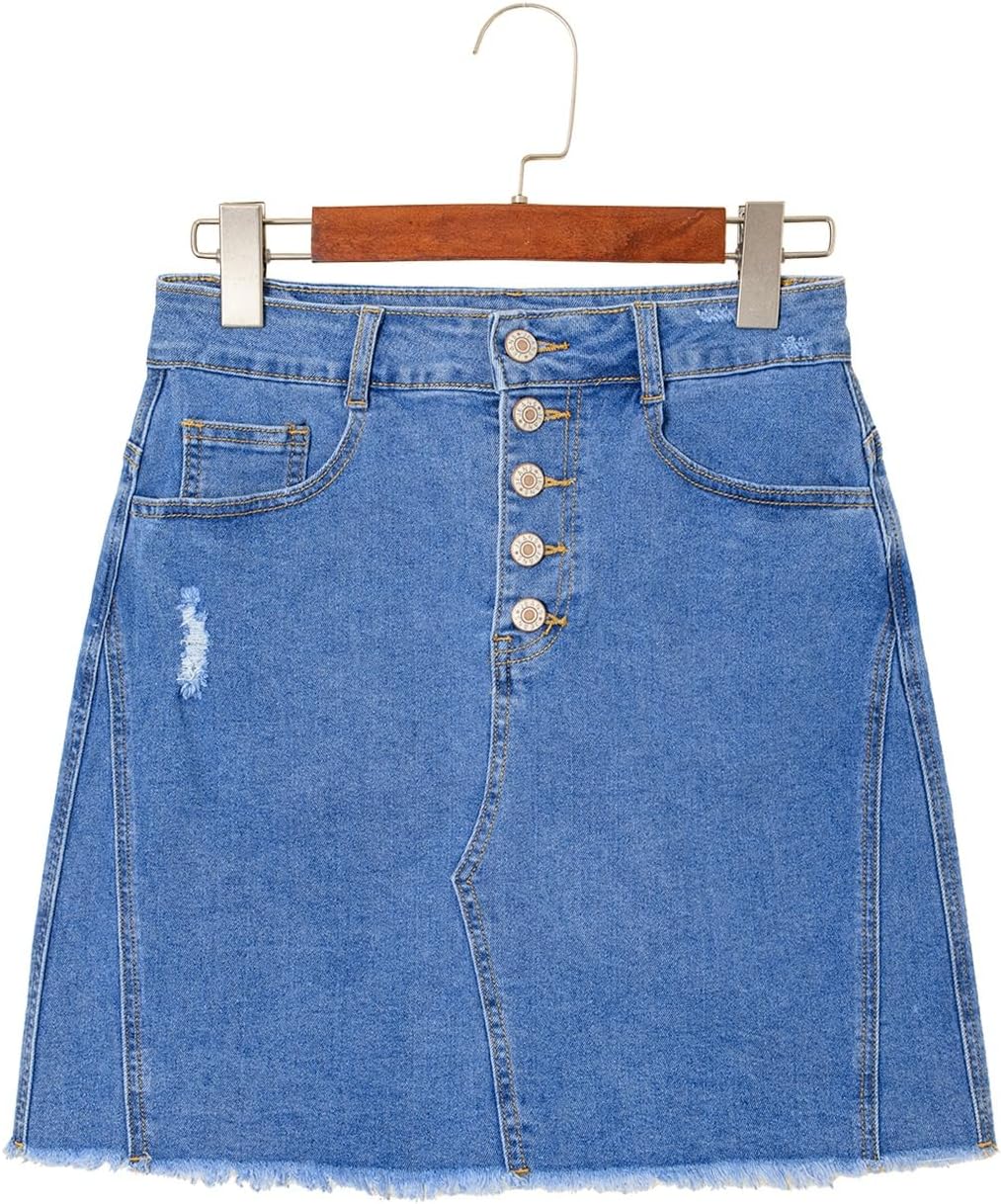 Sidefeel Women's Jean Skirt Stretchy Ripped Frayed Button Fly Summer Denim Skirt - Image 6