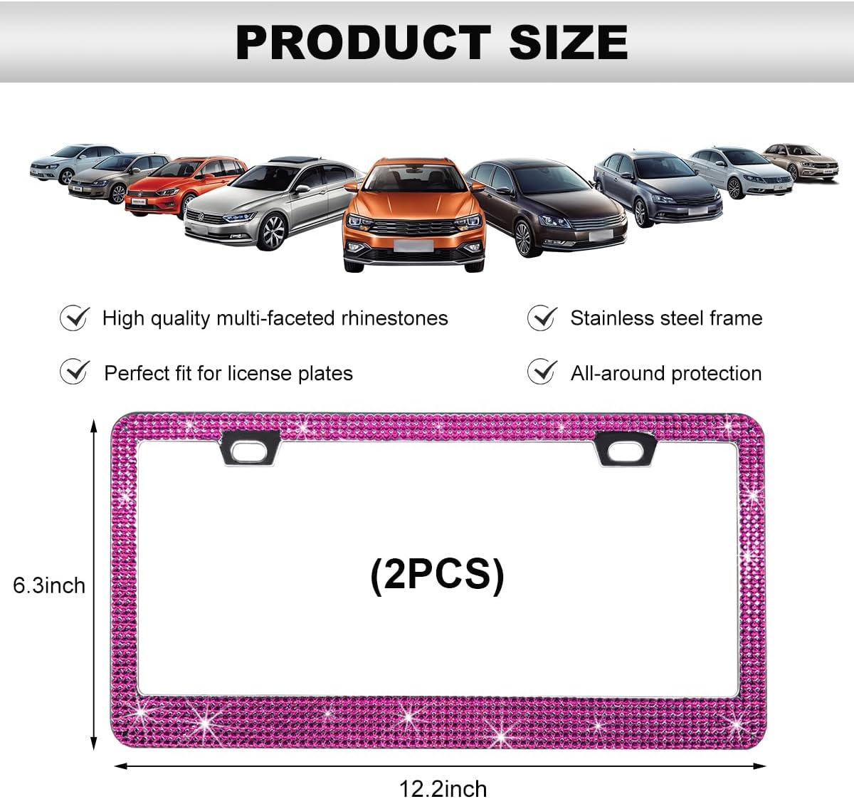 DXNQ 2PCS Bling License Plate Frame, Sparkly Rhinestone Diamond License Plate Cover with Crystal Screws Caps, Glitter Crystal Stainless Steel License Plate Holder for Women (Pink) image 2