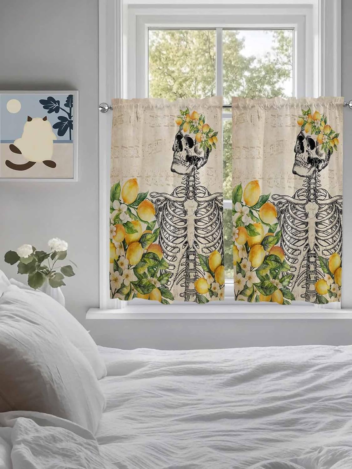 Kitchen Curtain 45 Inch Length, Vintage Skull Summer Lemon Watercolor Small Short Cafe Tiers Curtains Drape, 2 Panel Window Treatment Rod Pocket Drapery Panels Curtains 84x45