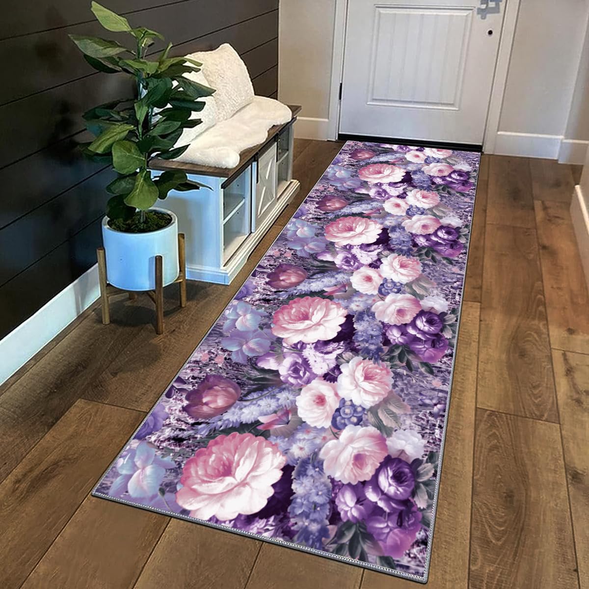 Tapis de passage pour chambre et salon violet 3D floral long 70x340cm