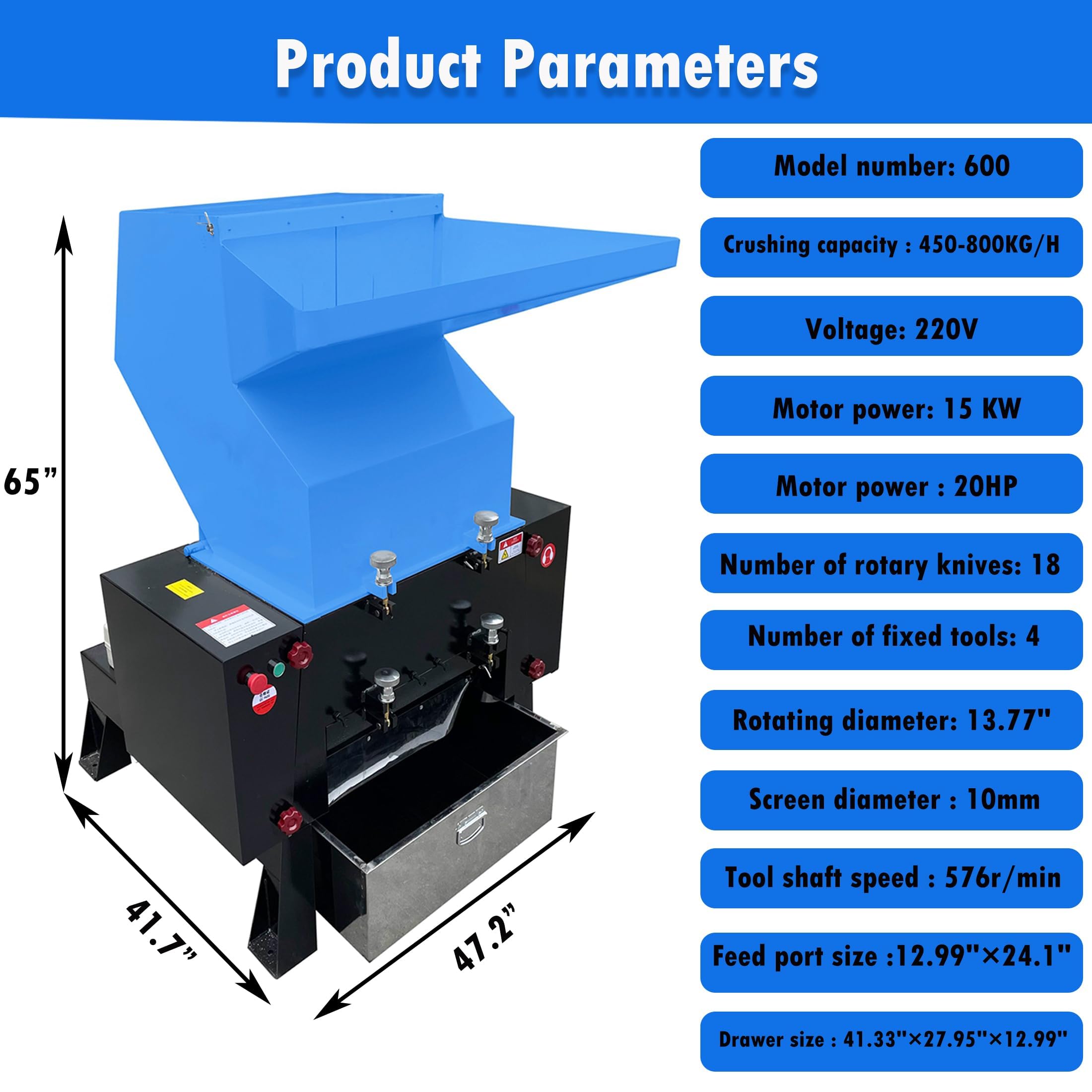 THUXEON Plastic Shredder Crusher Machine 15KW Recycling Heavy Duty Plastic Bottle Granulator Disintegrator Crusher Multifunction Crusher for Bottle, Wood, Rubber 220V Three-Phase Electricity