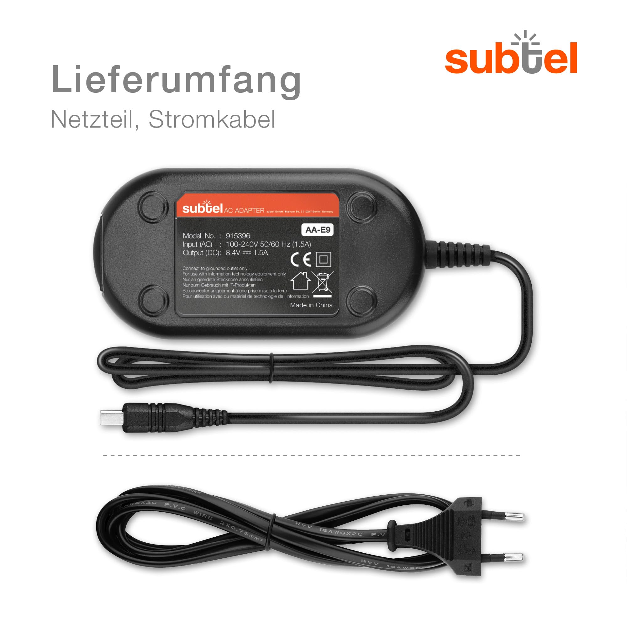 subtel® Netzteil AA-E6A AA-E7 AA-E8 AA-E9 für Samsung VP-MX20 -MX10 SMX-F30 -F34 VP-D371 -D361 -D351 -D20 -D101 Kamera, Camcorder 3m Netzadapter Stromkabel Ladegerät Ladekabel Ladestecker Lader