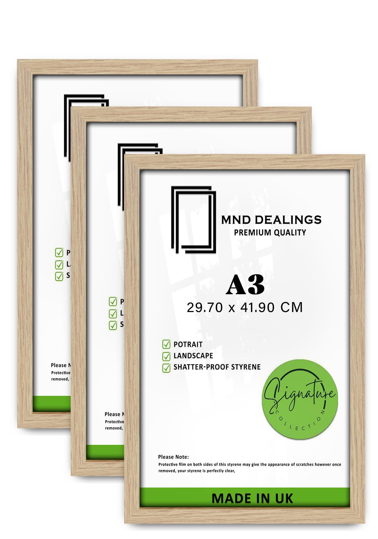 MND Dealings pack of 3 MDF Picture Frame A3 (29.70 x 41.90 CM) Ideal for Art, Posters & Certificates, Wall Gallery & Home Décor, 11 Ready to Hang for Instant Display [ Oak ]