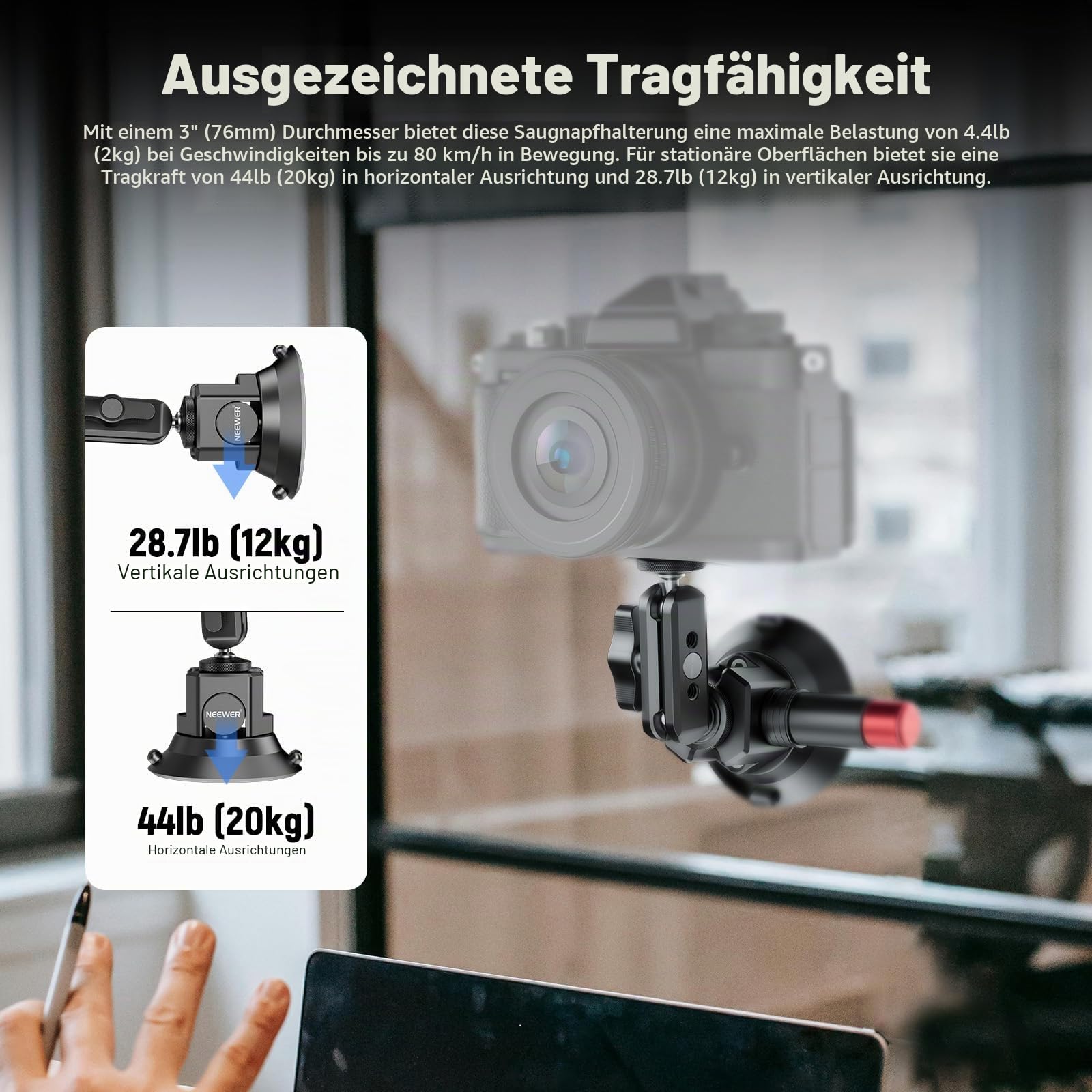 NEEWER 3" Kamera Halterung mit Saugnapf, Magic Arm mit Kugelkopf kompatibel mit ARRI 1/4" Löchern, Auto Halterung mit Handyhalter und Action Cam Adapter kompatibel mit iPhone GoPro DJI Insta360, CA104